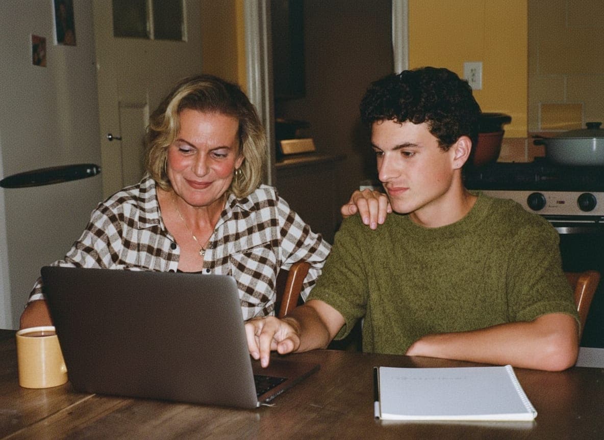 A mother and her adult son sit close at a kitchen table in the evening, looking at a laptop together